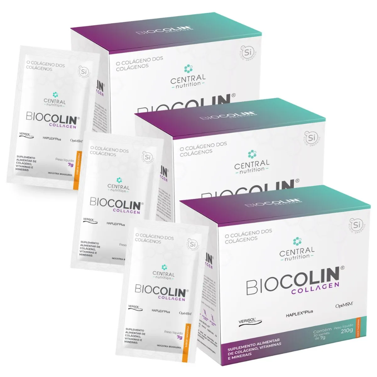 Kit 3 Biocolin Collagen Colágeno Verisol 30Sachê Central Nutrition Tangerina