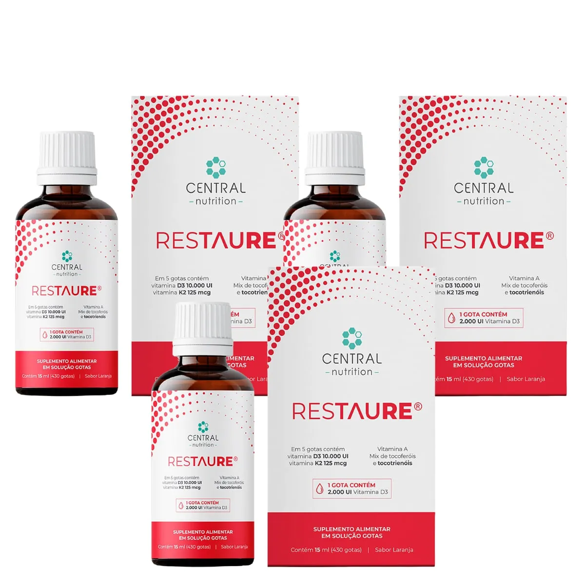 Kit 3 Restaure 430 gotas Vitaminas A D E e K Central Nutrition Laranja