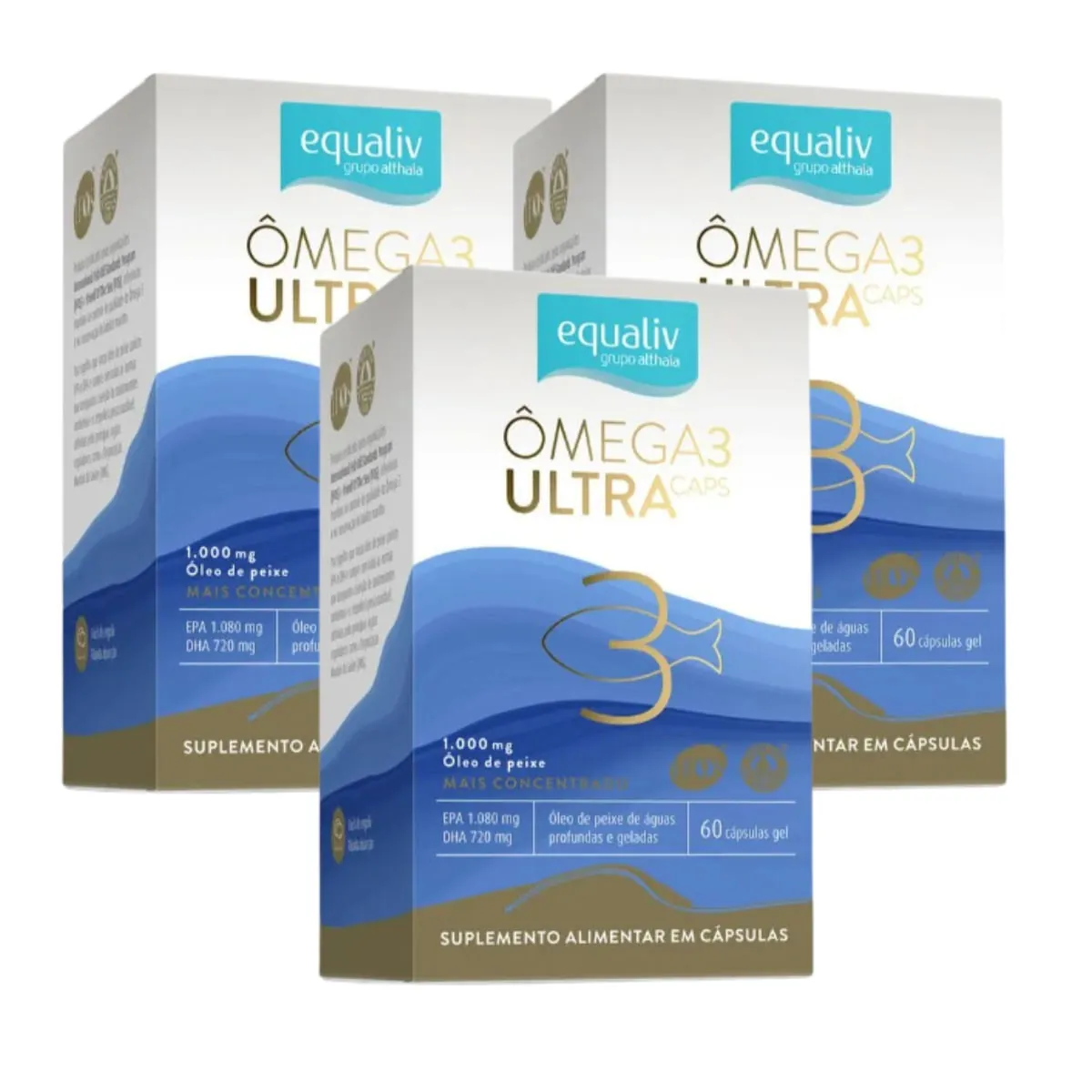 Kit 3 Ômega 3 Ultra Caps 1000mg Sem Mercúrio+Concentrado Equaliv 120 caps Neutro