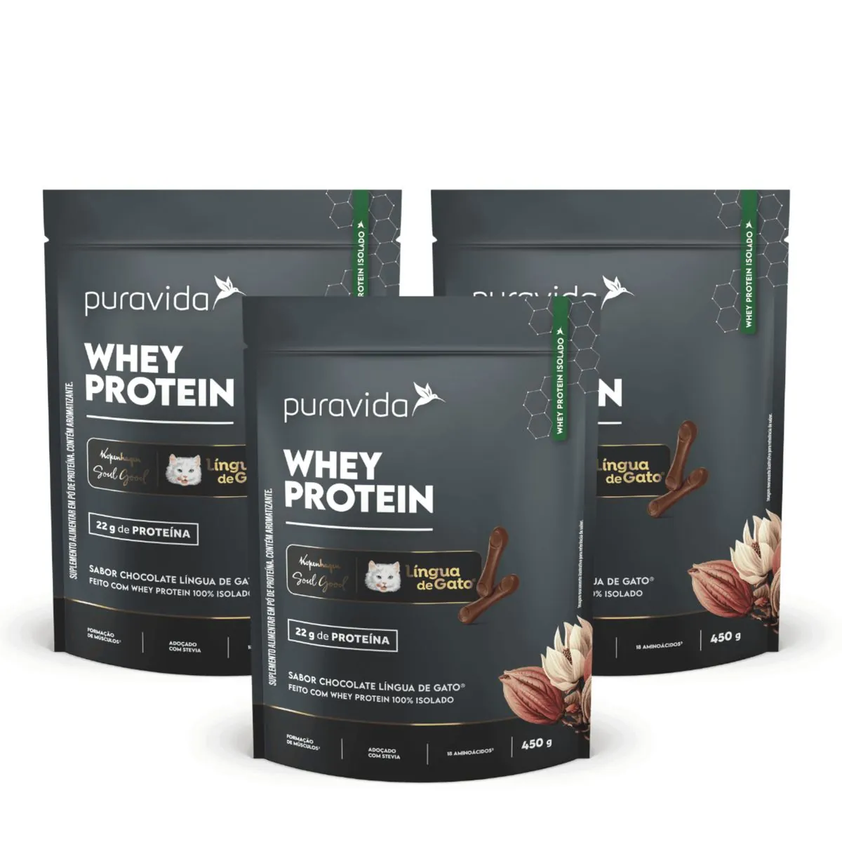 Kit 3 Whey Protein Isolado Chocolate Língua De Gato 450g Puravida