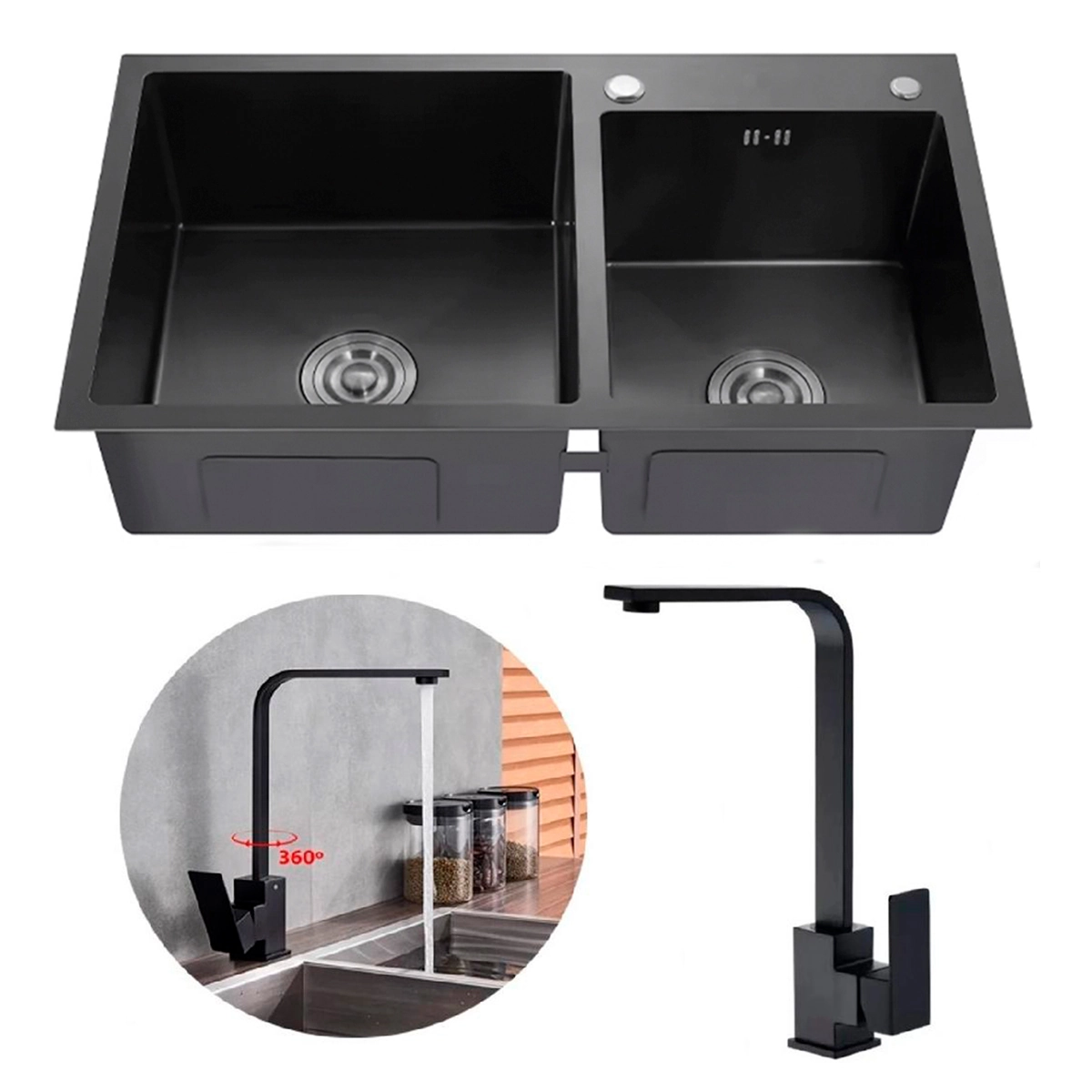Cuba Pia Gourmet Dupla Preta Cozinha Aço Inox + Torneira