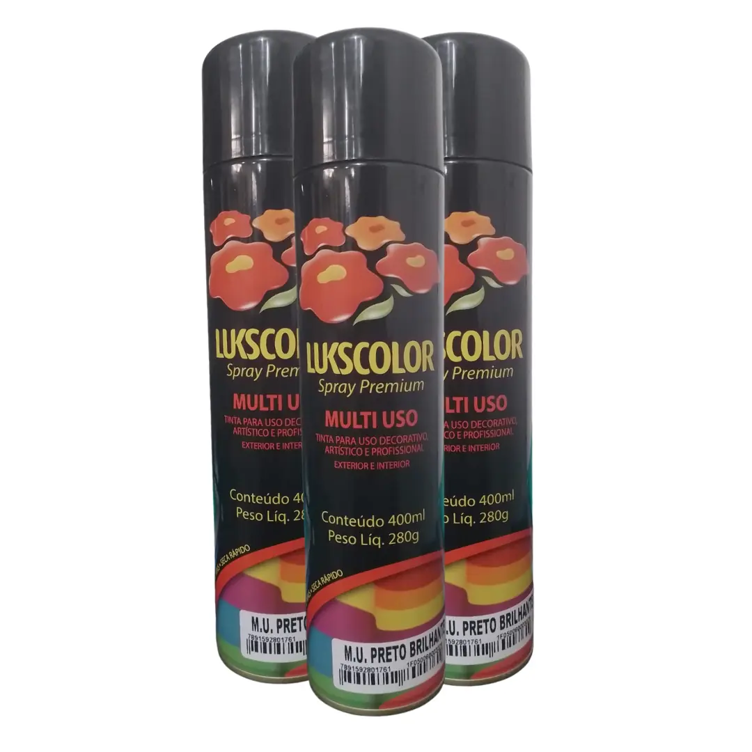 Kit 3un Tinta Spray Multiuso Preto Brilhante 400ml Lukscolor