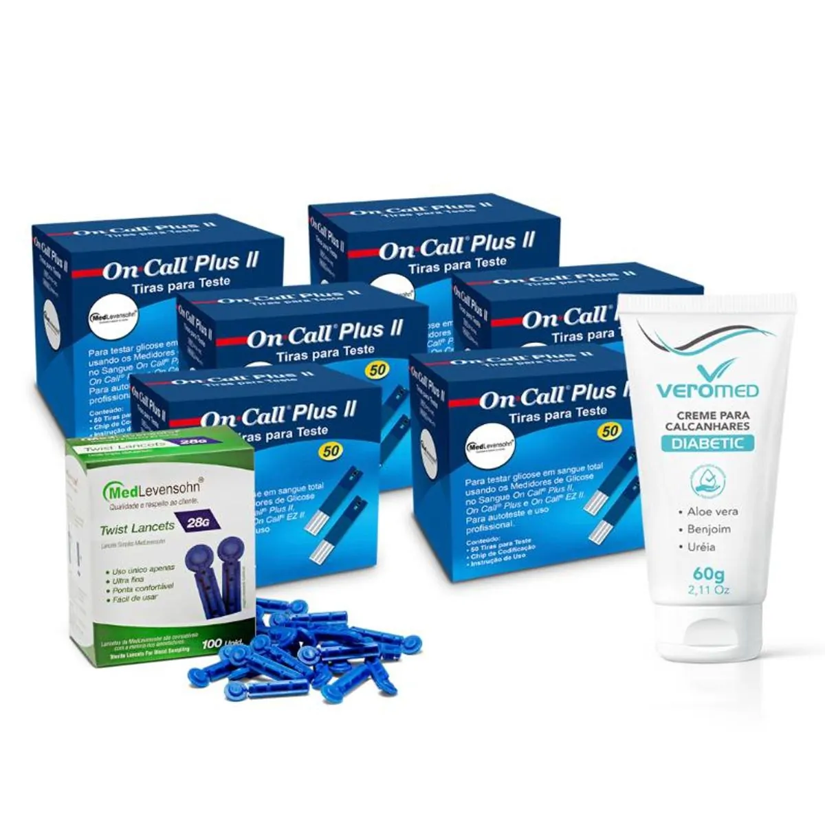 Kit Diabetes e Cuidados com os Pés - Para uma vida saudável - 300 Tiras On Call Plus II + 100 Lancet