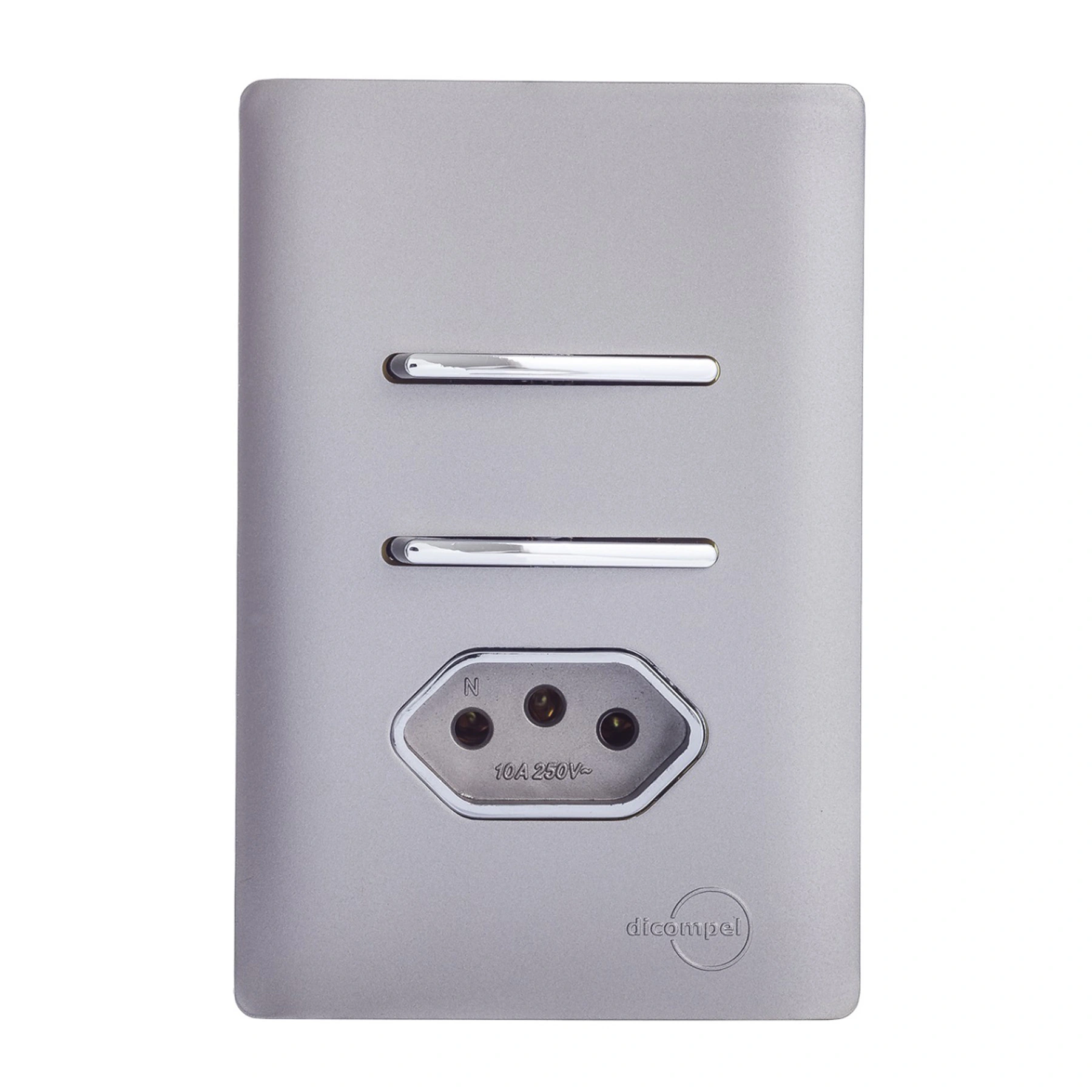 Conjunto 1 Tomada e 2 Interruptores Energia Simples 10A 4x2 Aço Novara Colors Dicompel