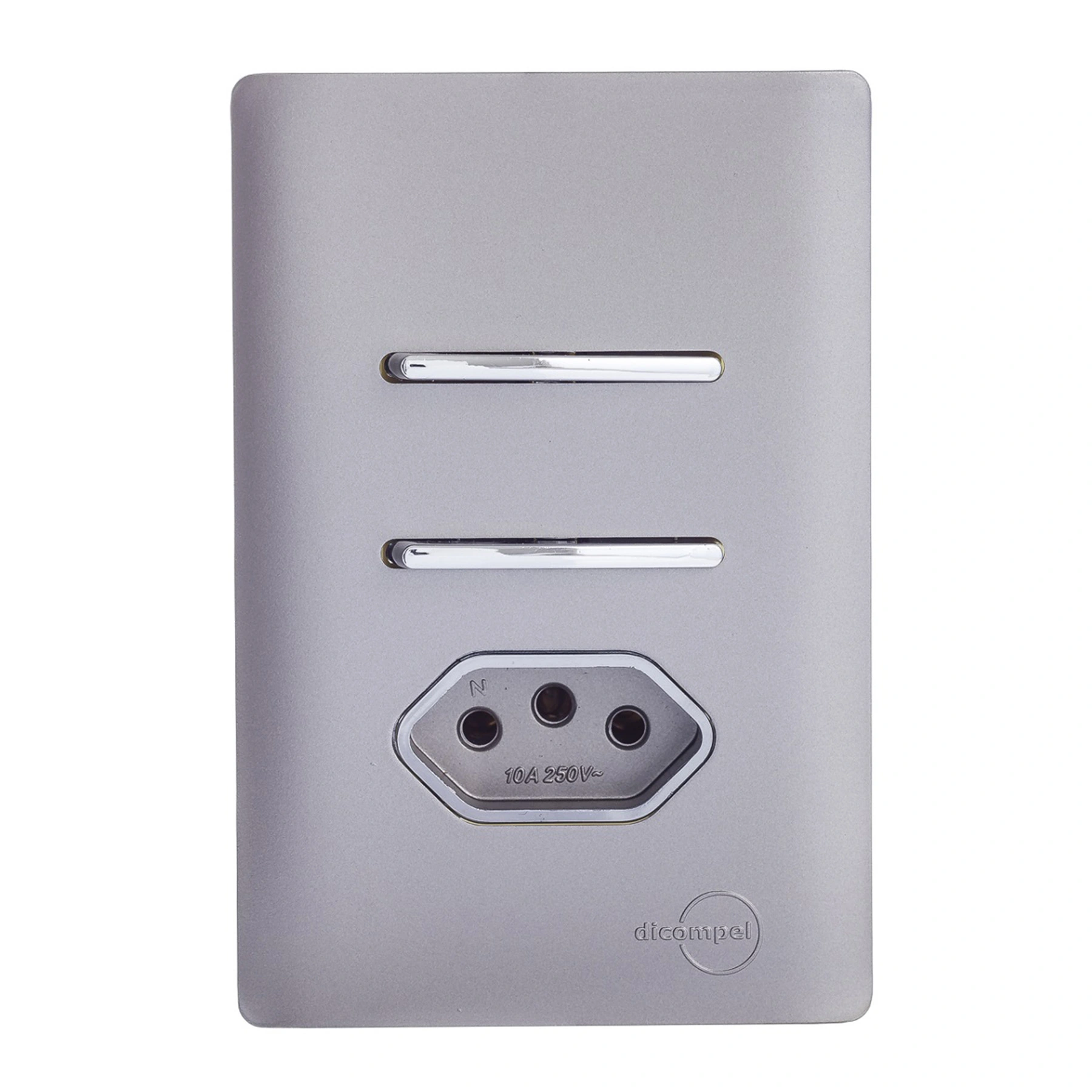 Conjunto 1 Tomada e 2 Interruptores Energia Simples e Paralelo 10A 4x2 Aço Novara Colors Dicompel