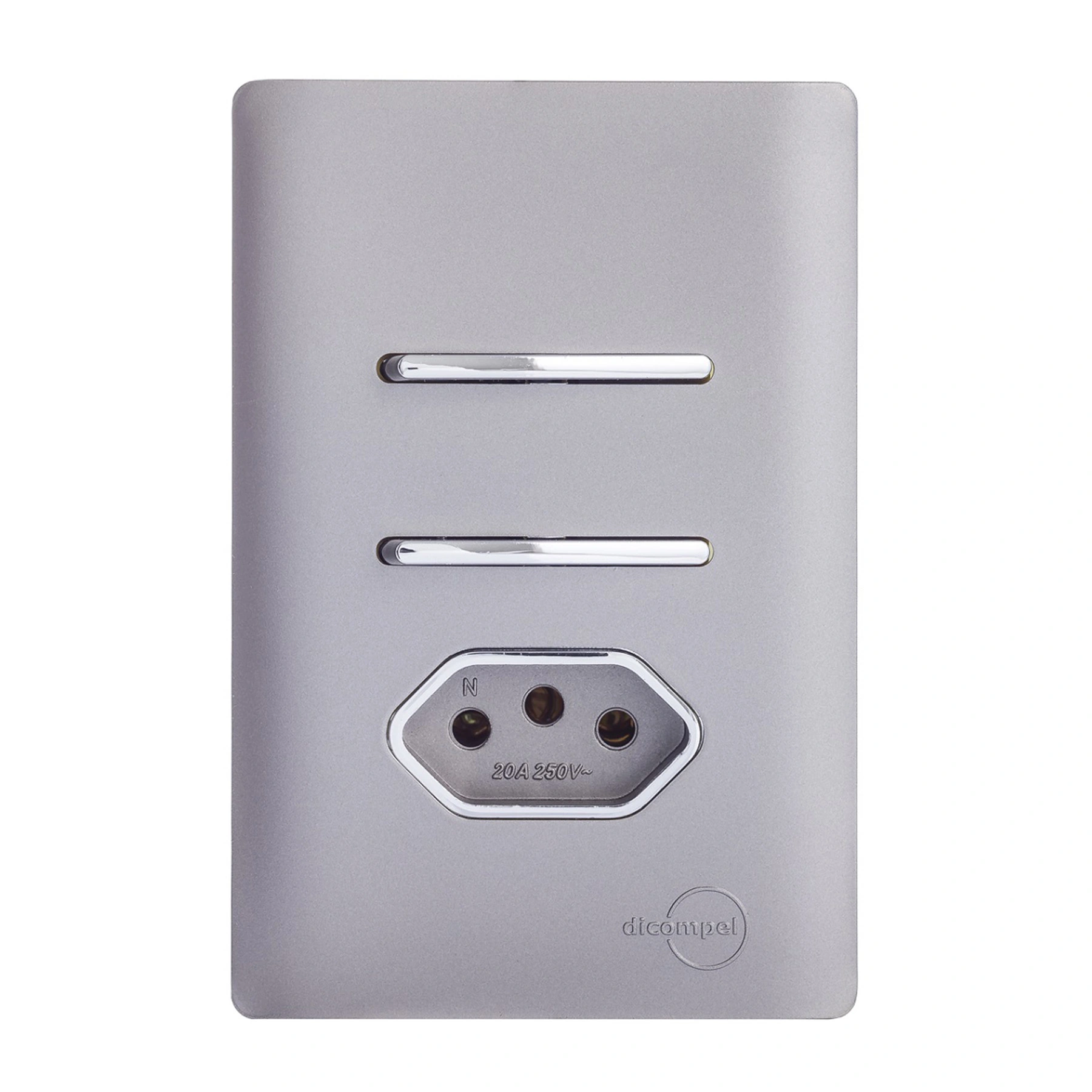 Conjunto 1 Tomada e 2 Interruptores Energia Paralelo 20A 4x2 Aço Novara Colors Dicompel