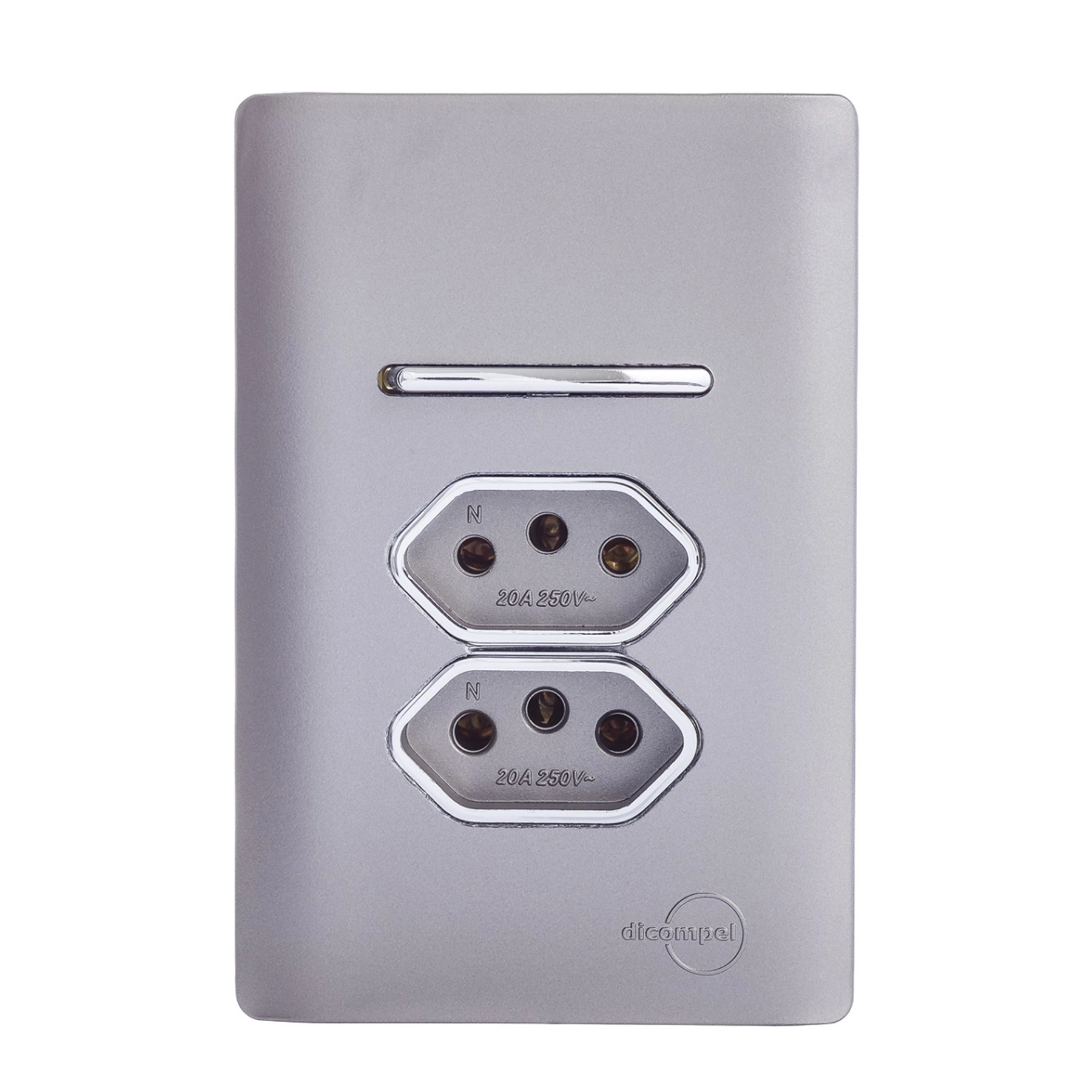 Conjunto 2 Tomadas e 1 Interruptor Energia Paralelo 10A 4x2 Aço Novara Colors Dicompel