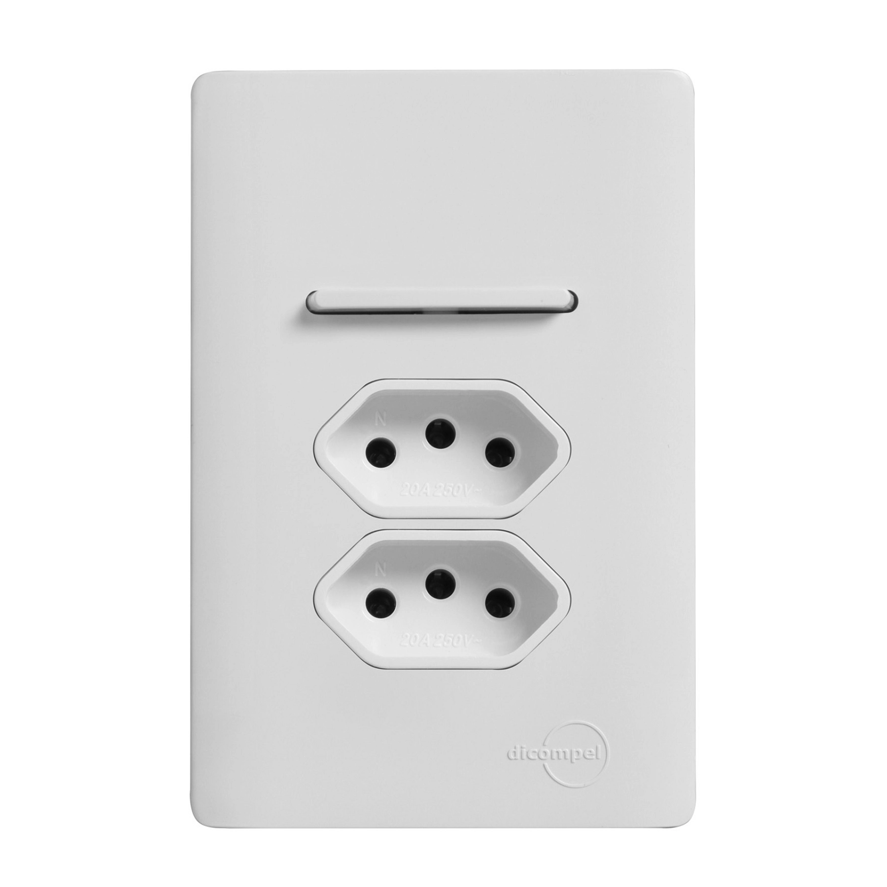 Conjunto 2 Tomadas e 1 Interruptor Energia Paralelo 10A 4x2 Branco Novara Dicompel