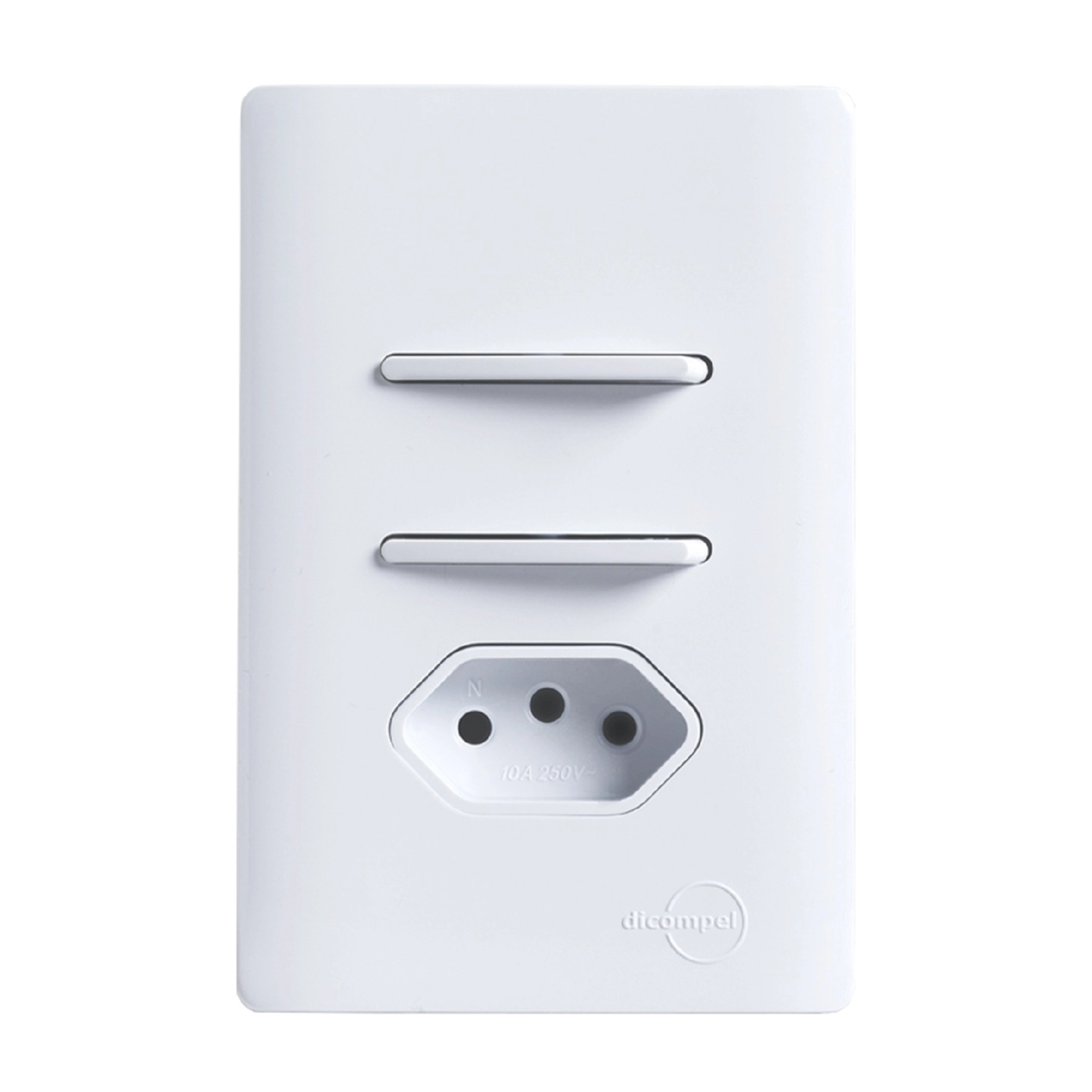 Conjunto 1 Tomada e 2 Interruptores Energia Simples 10A 4x2 Branco Novara Dicompel