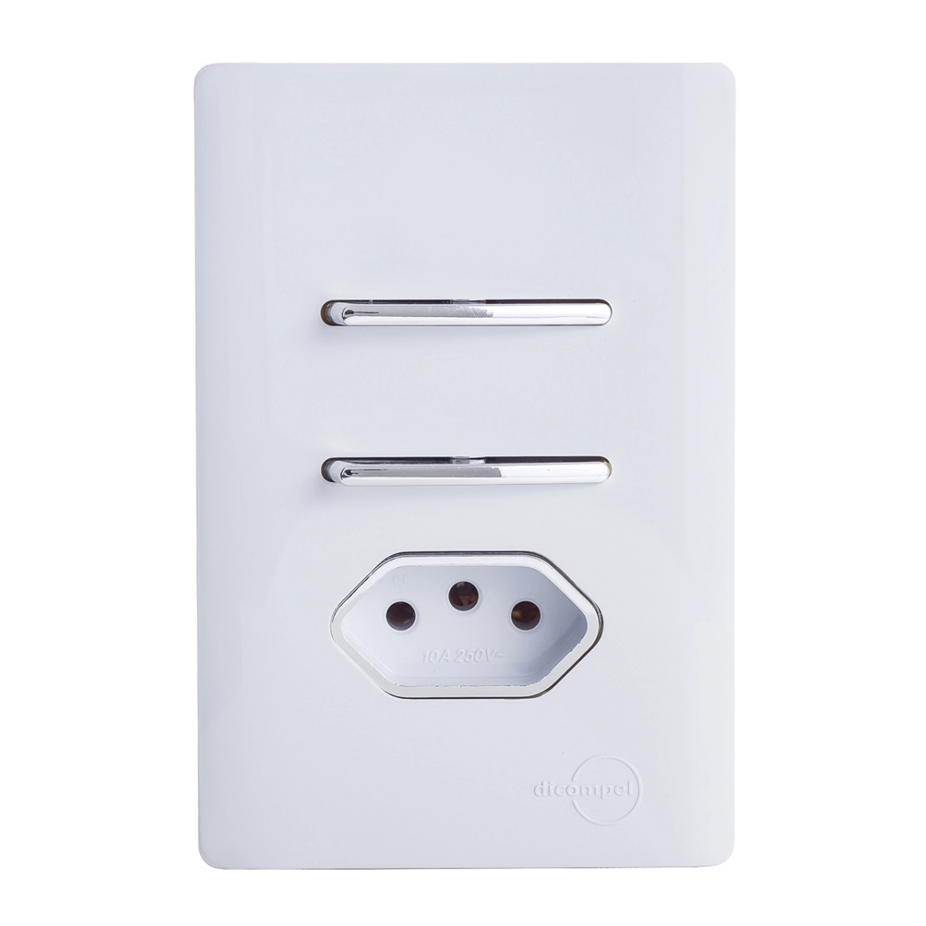 Conjunto 1 Tomada e 2 Interruptores Energia Paralelo 20A 4x2 Branco Novara Dicompel