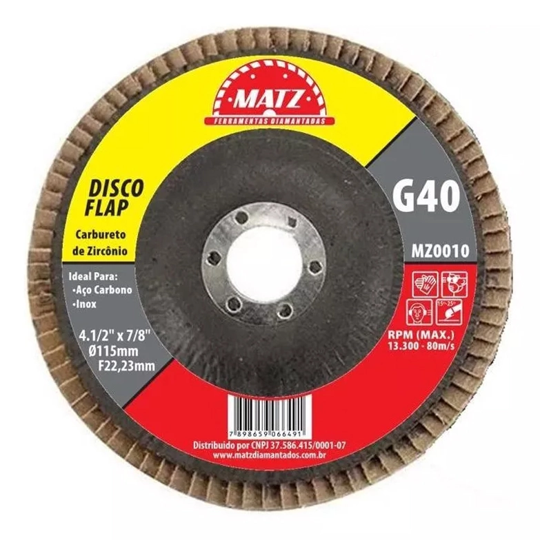 Disco Flap Desbaste Acabamento Grão 40 115x22,23mm Matz