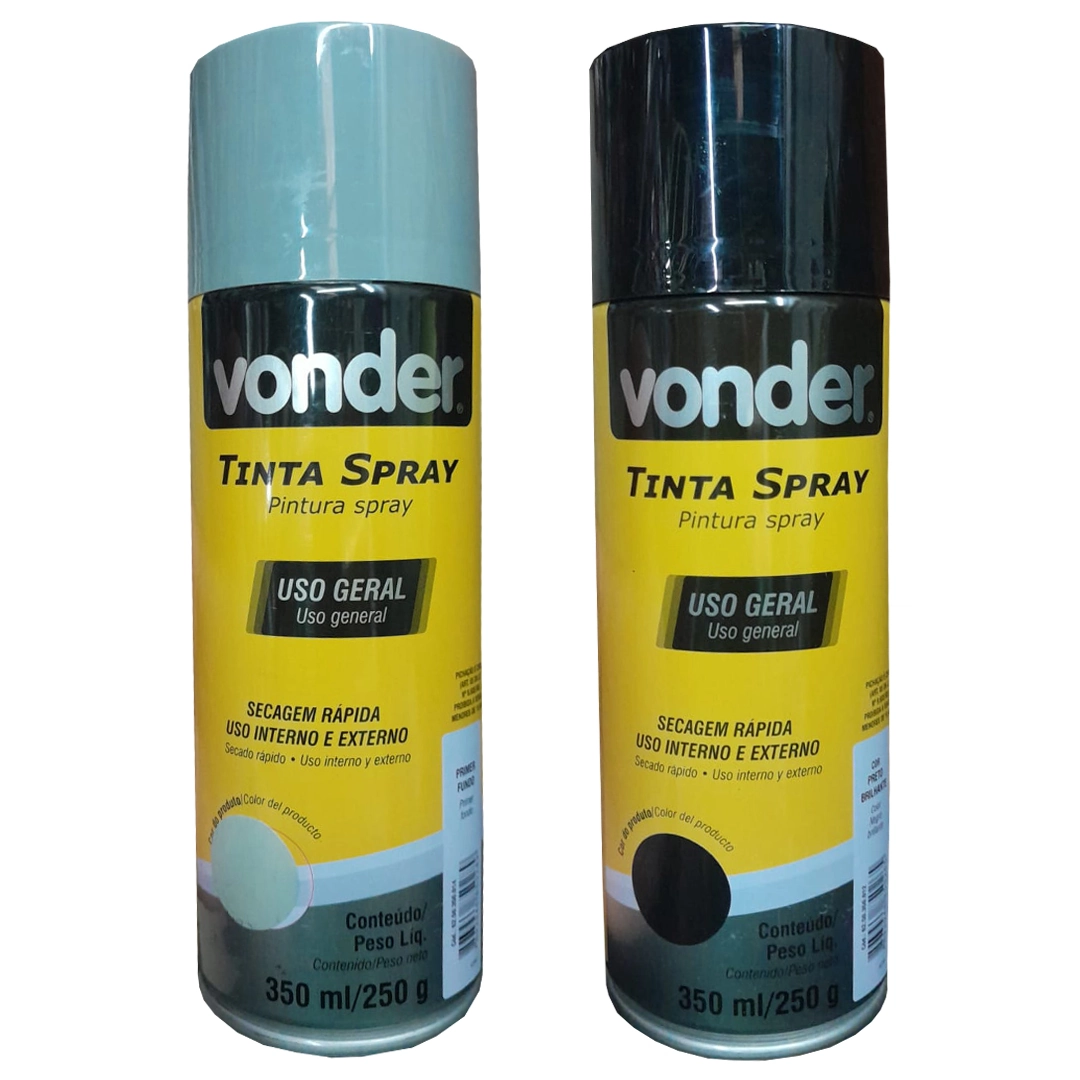 Kit Tinta Spray Preto Brilhante + Primer 350ml Vonder