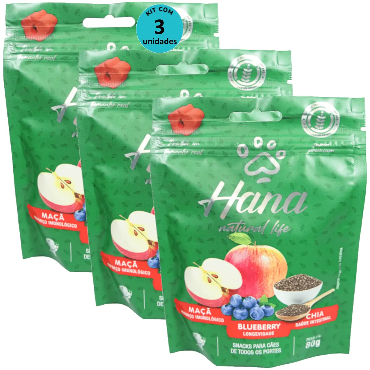 Hana Natural Life Maçã Blueberry Chia 80g Snacks Para Cães Adultos Kit C/ 3 un