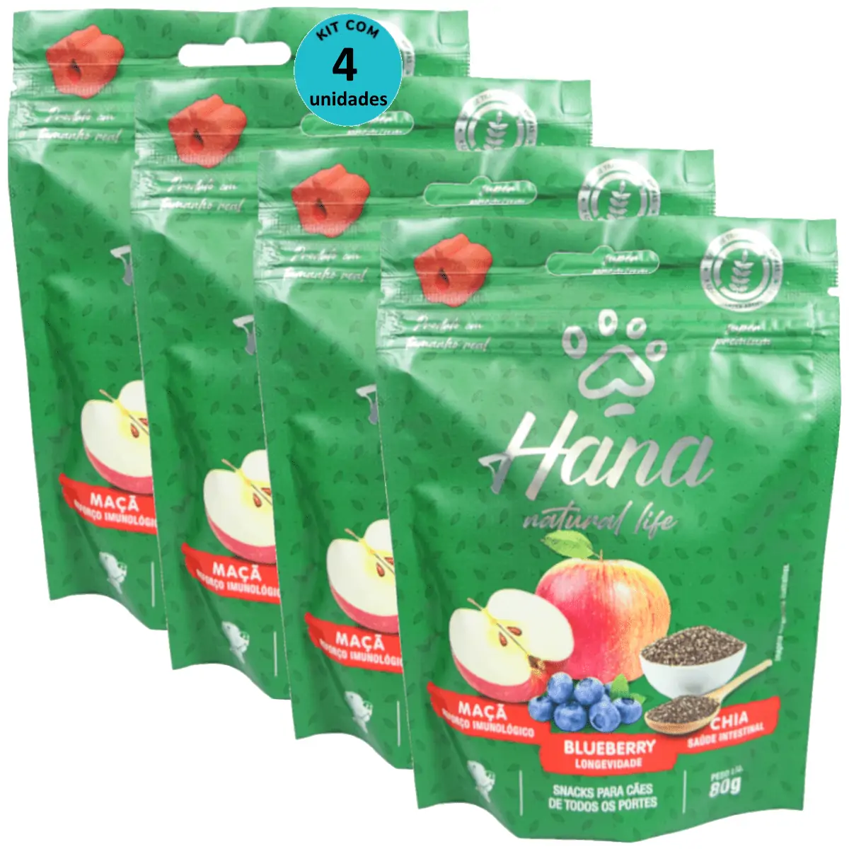 Hana Natural Life Maçã Blueberry Chia 80g Snacks Para Cães Adultos Kit C/ 4 un