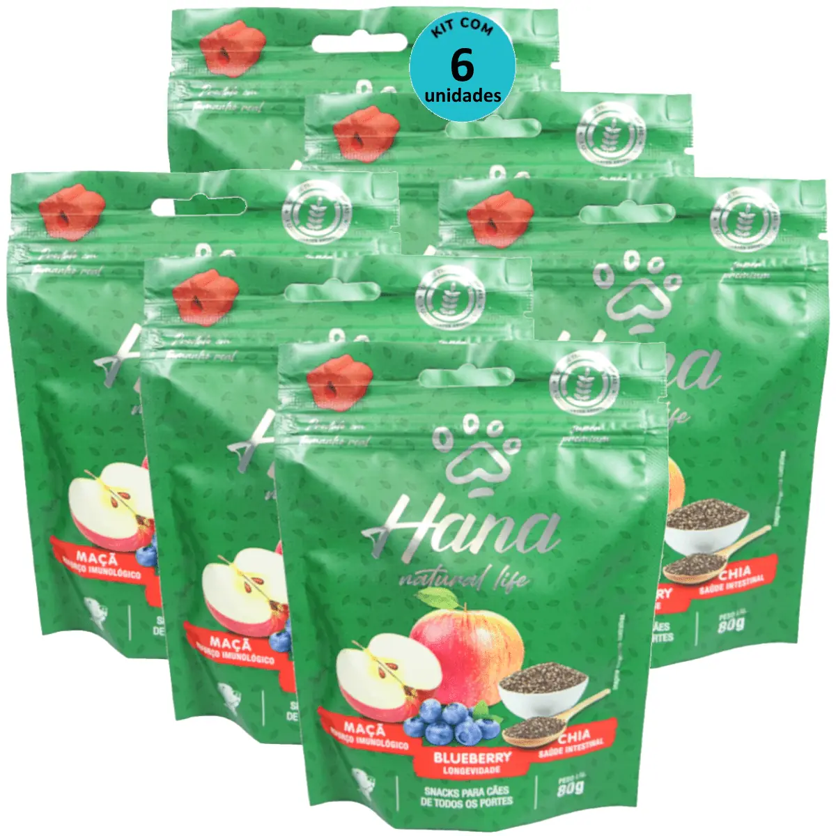 Hana Natural Life Maçã Blueberry Chia 80g Snacks Para Cães Adultos Kit C/ 6 un