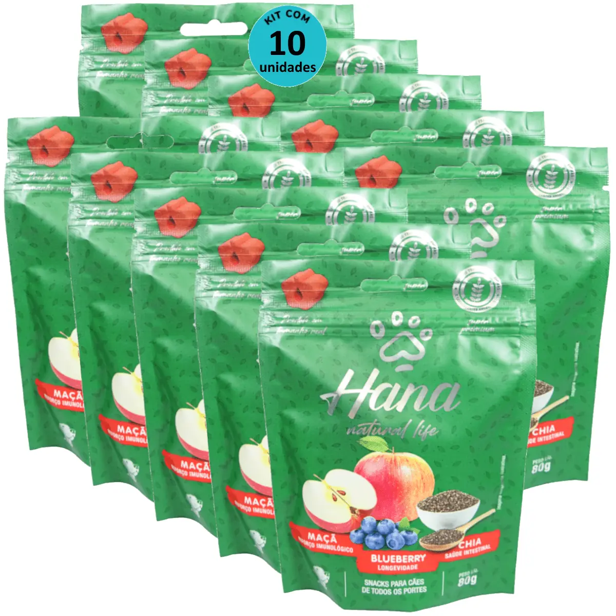 Hana Natural Life Maçã Blueberry Chia 80g Snacks Para Cães Adultos Kit C/ 10 un