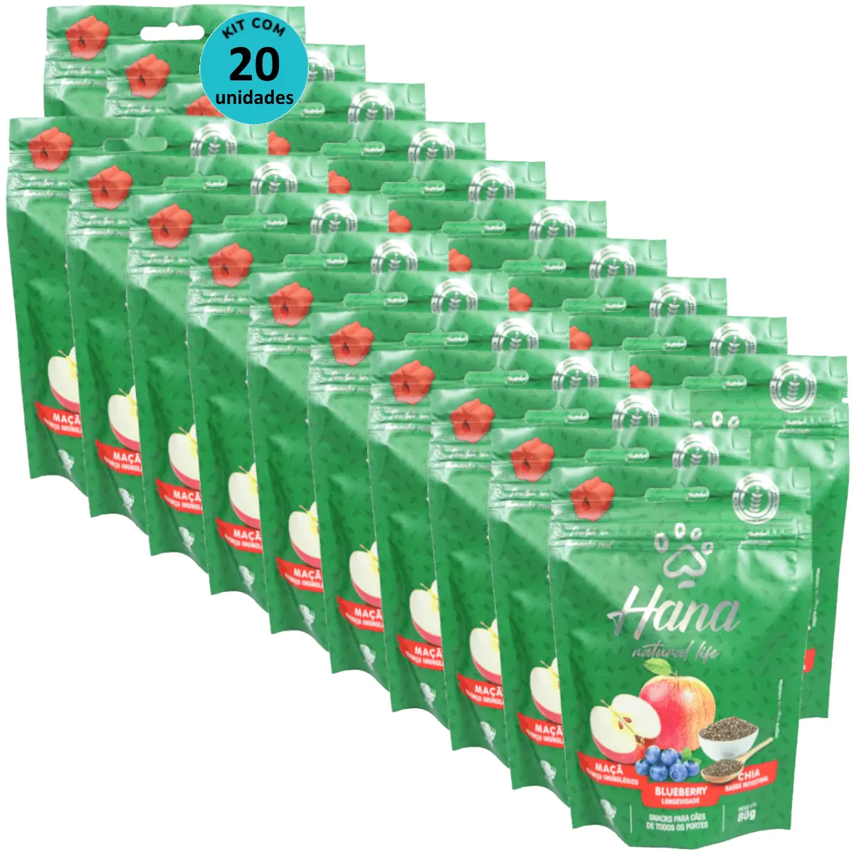 Hana Natural Life Maçã Blueberry Chia 80g Snacks Para Cães Adultos Kit C/ 20 un
