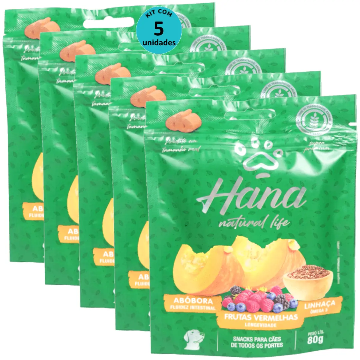 Hana Natural Life Abóbora Frutas Vermelhas Linhaça 80g Para Cães Adultos Kit C/ 5 Un
