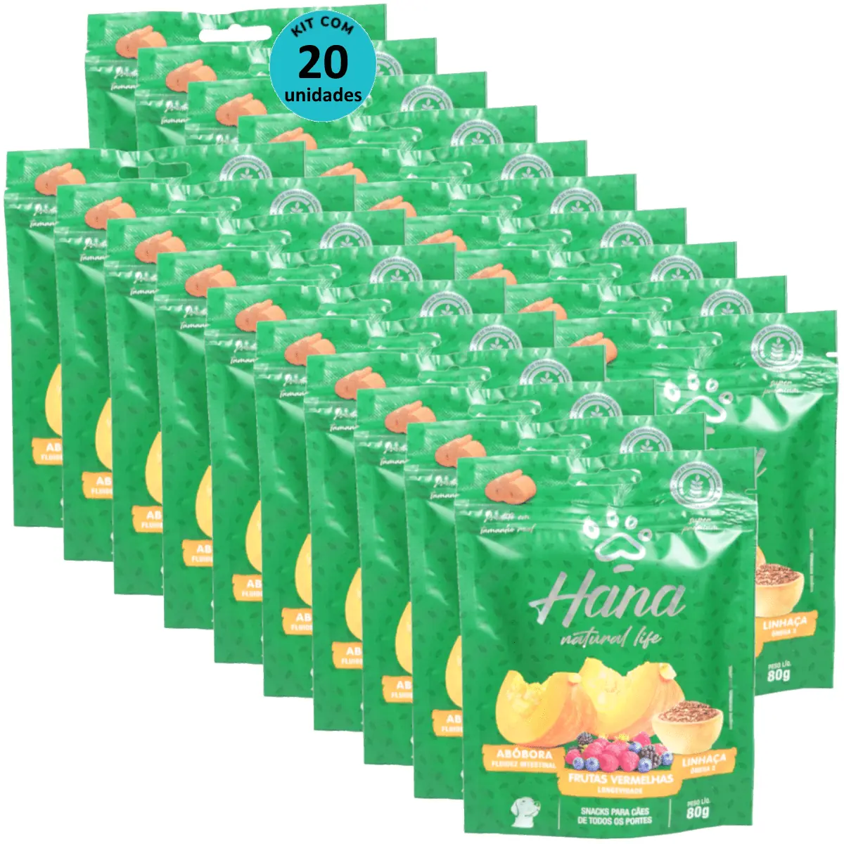 Hana Natural Life Abóbora Frutas Vermelhas Linhaça 80g Para Cães Adultos Kit C/ 20 Un
