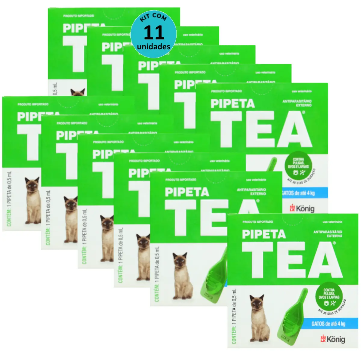 Pipeta Tea 0,5 Ml Antiparasitário Contra Pulgas Para Gatos De Até 4 Kg - König Kit Com 11