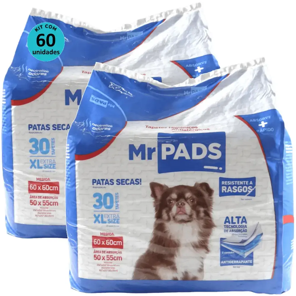 Tapete Higiênico Mr Pads 90x60 Antialérgico Para Cães Kit Com 60 unidades