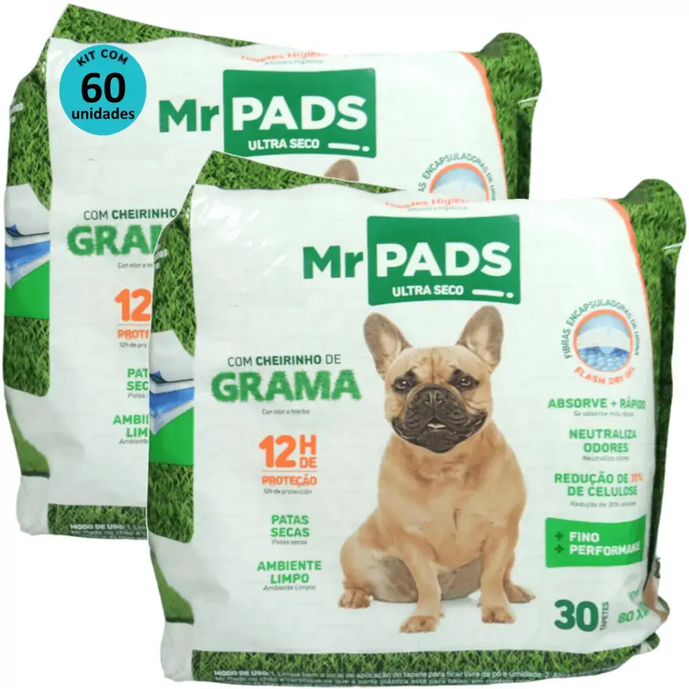 Tapete Higiênico Mr Pads Cheirinho de Grama 80x60cm Kit Com 60 unidades