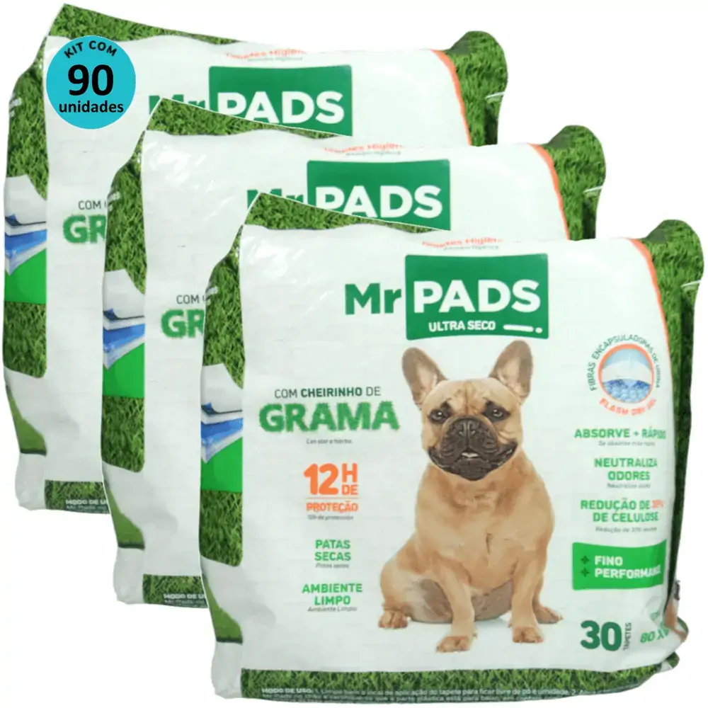 Tapete Higiênico Mr Pads Cheirinho de Grama 80x60cm Kit Com 90 unidades