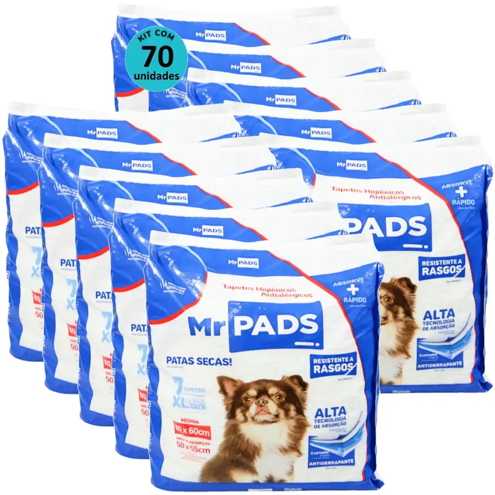 Tapete Higiênico Mr Pads 60x60 Antialérgico Para Cães Kit Com 70 unidades