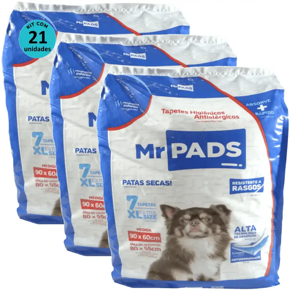 Tapete Higiênico Mr Pads 90x60 Antialérgico Para Cães Kit Com 21 unidades