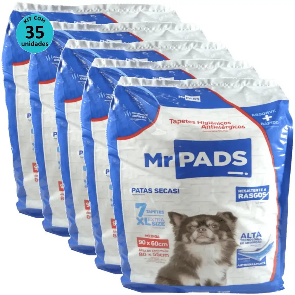 Tapete Higiênico Mr Pads 90x60 Antialérgico Para Cães Kit Com 35 unidades