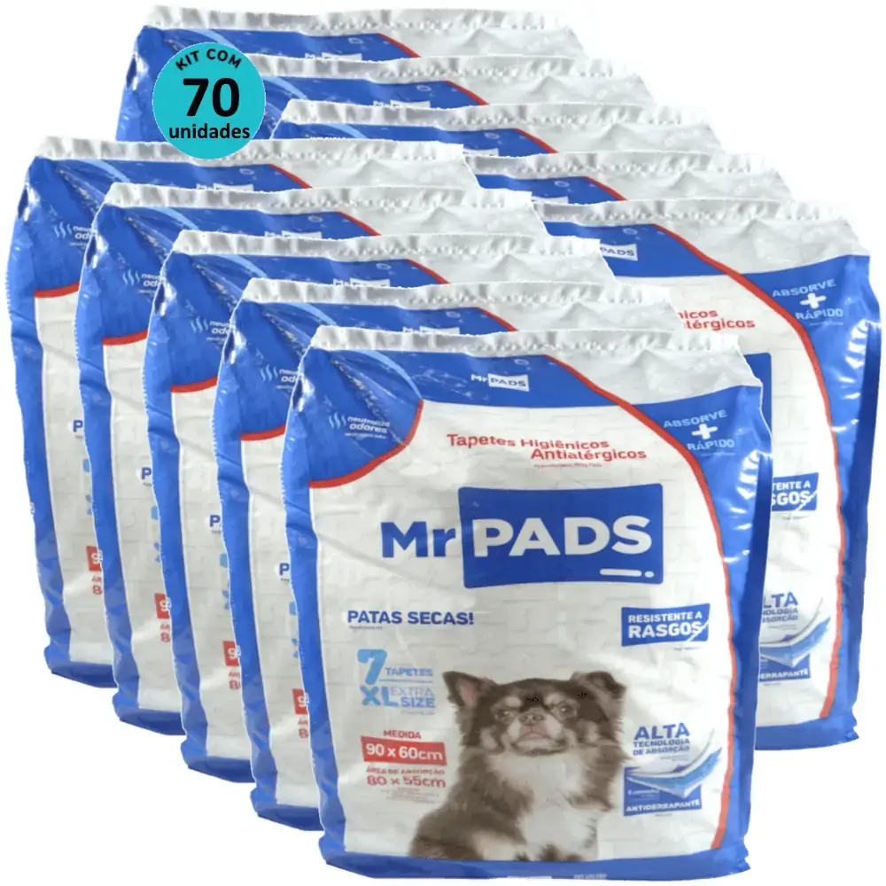 Tapete Higiênico Mr Pads 90x60 Antialérgico Para Cães Kit Com 70 unidades