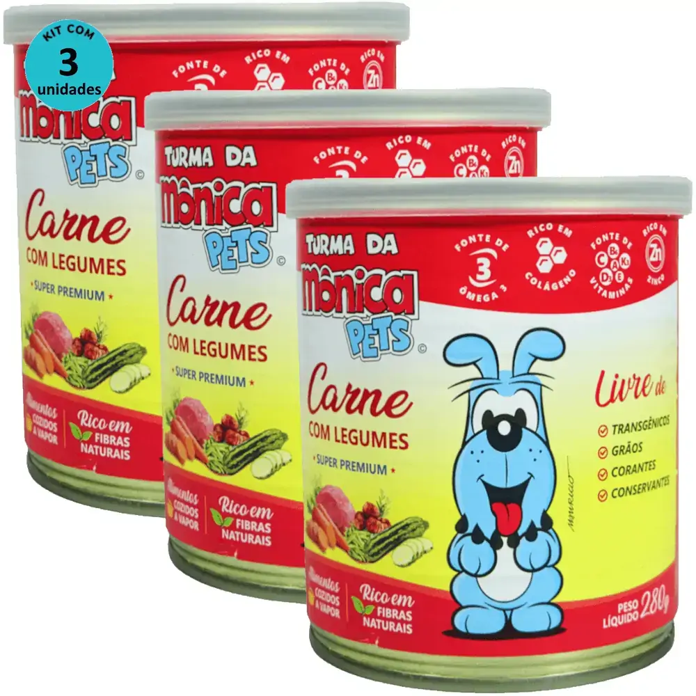 Ração Úmida Turma da Mônica Pets Carne com Legumes 280g Para Cães Adultos Kit 3 un