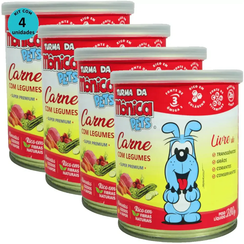 Ração Úmida Turma da Mônica Pets Carne com Legumes 280g Para Cães Adultos Kit 4 un