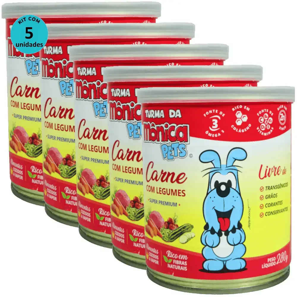 Ração Úmida Turma da Mônica Pets Carne com Legumes 280g Para Cães Adultos Kit 5 un