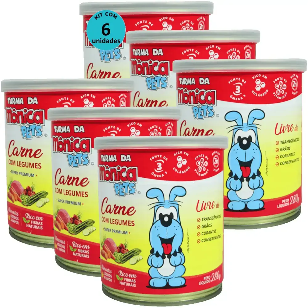 Ração Úmida Turma da Mônica Pets Carne com Legumes 280g Para Cães Adultos Kit 6 un
