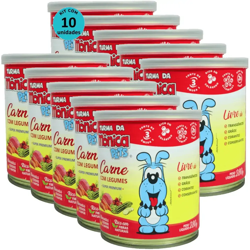 Ração Úmida Turma da Mônica Pets Carne com Legumes 280g Para Cães Adultos Kit 10 un