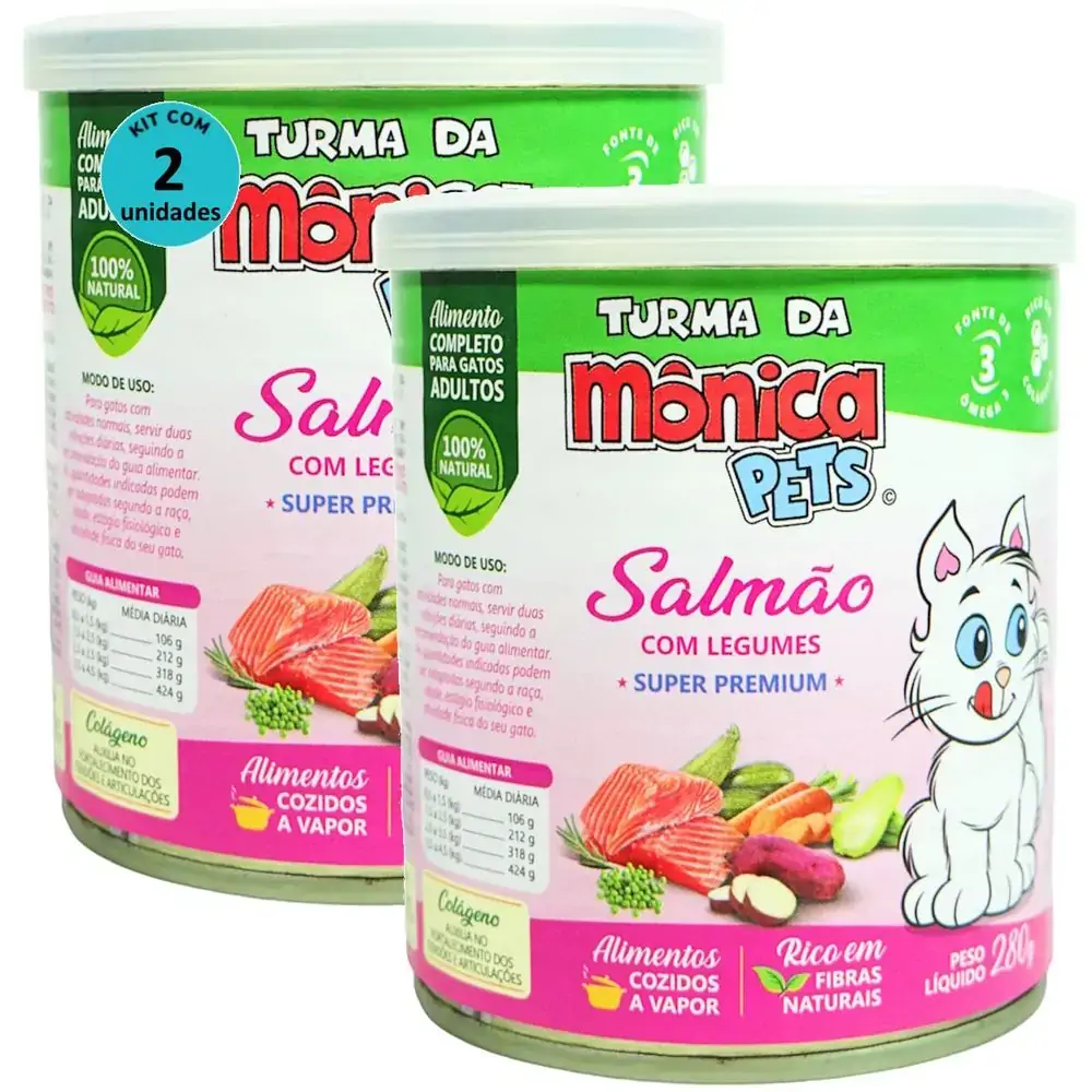 Ração Úmida Turma da Mônica Pets Salmão com Legumes 280g Gatos Adultos Kit 2 un