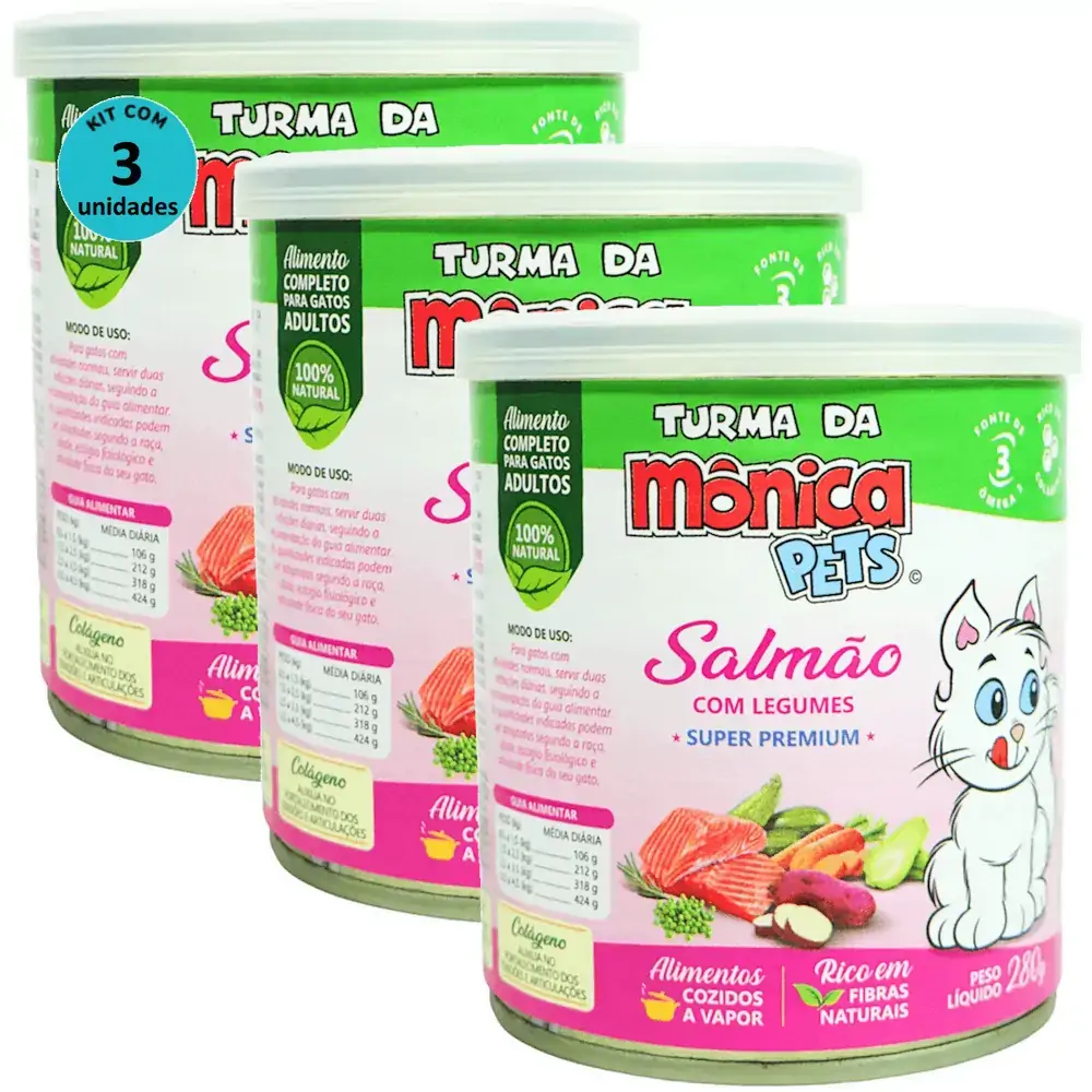 Ração Úmida Turma da Mônica Pets Salmão com Legumes 280g Gatos Adultos Kit 3 un