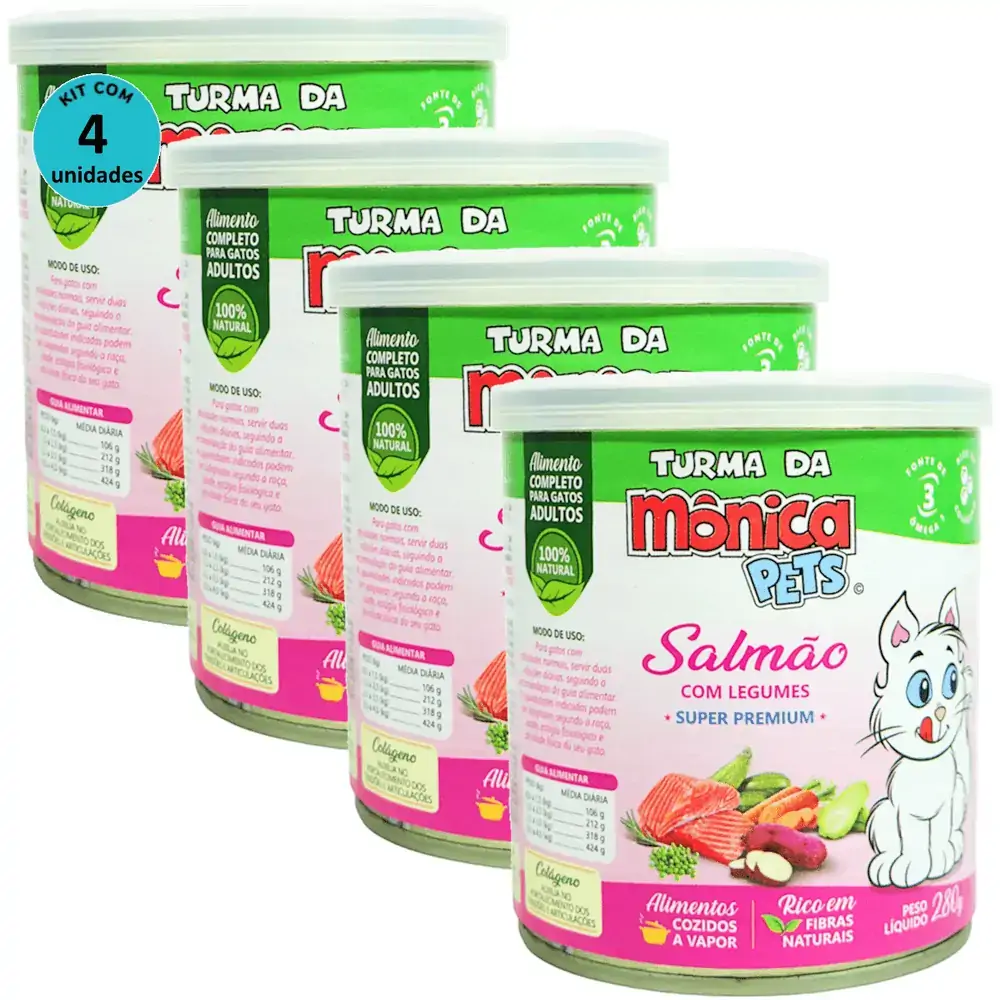 Ração Úmida Turma da Mônica Pets Salmão com Legumes 280g Gatos Adultos Kit 4 un