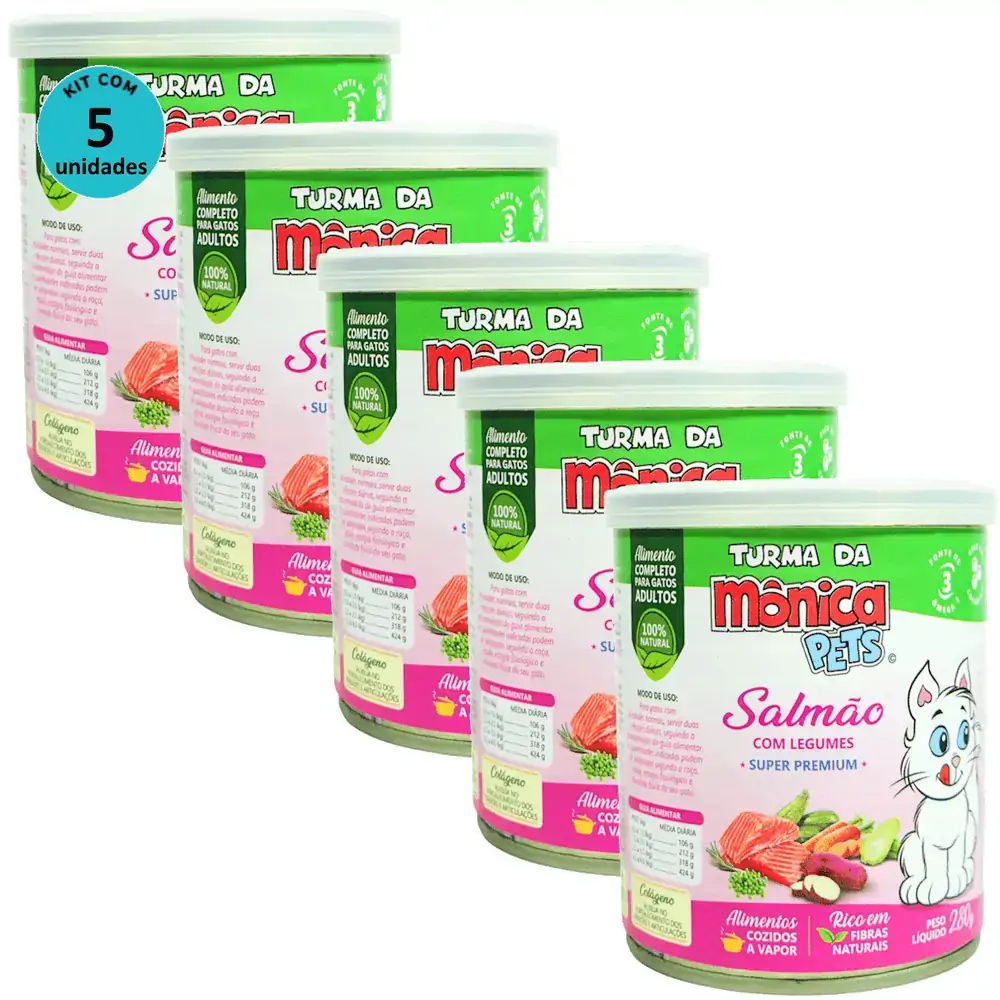 Ração Úmida Turma da Mônica Pets Salmão com Legumes 280g Gatos Adultos Kit 5 un