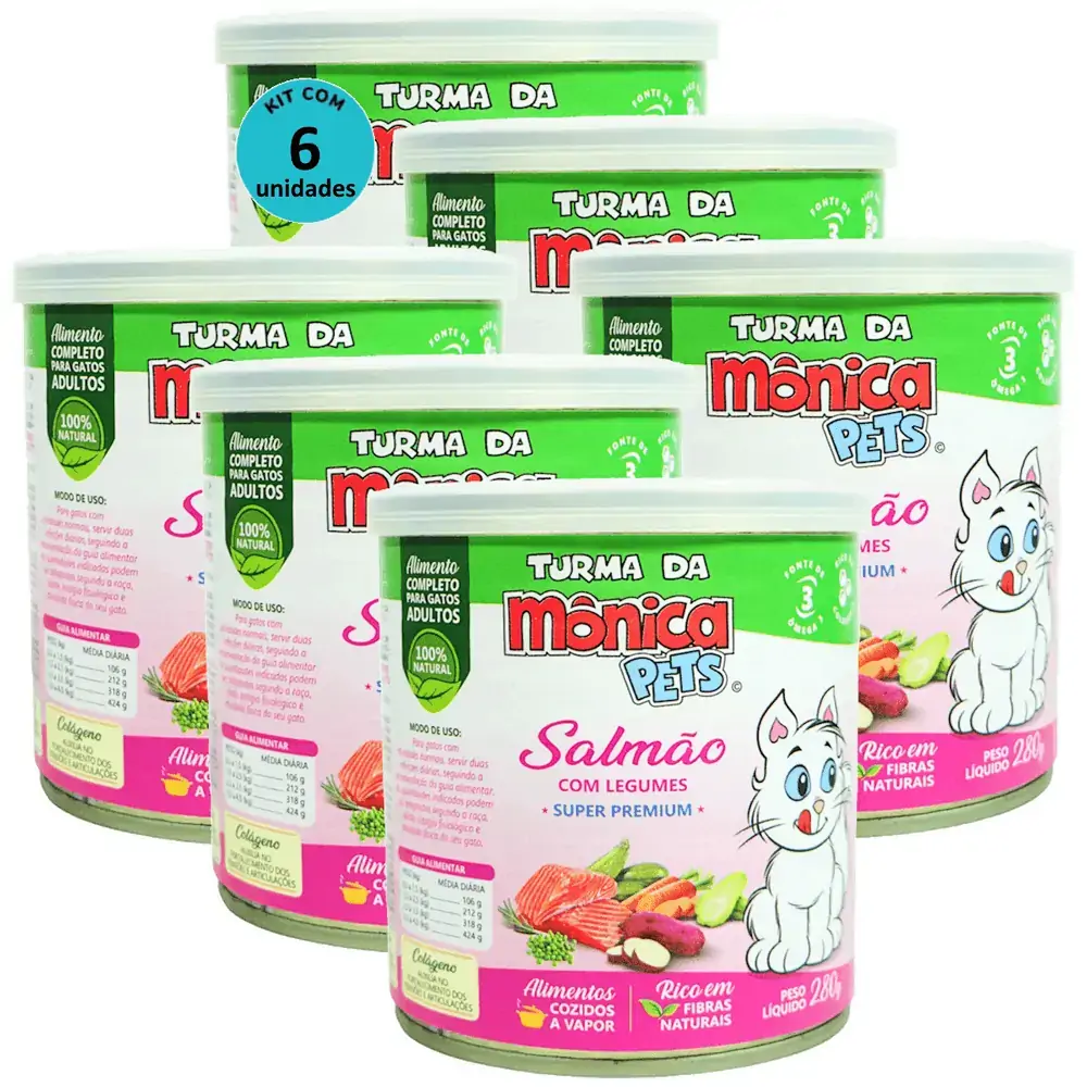 Ração Úmida Turma da Mônica Pets Salmão com Legumes 280g Gatos Adultos Kit 6 un
