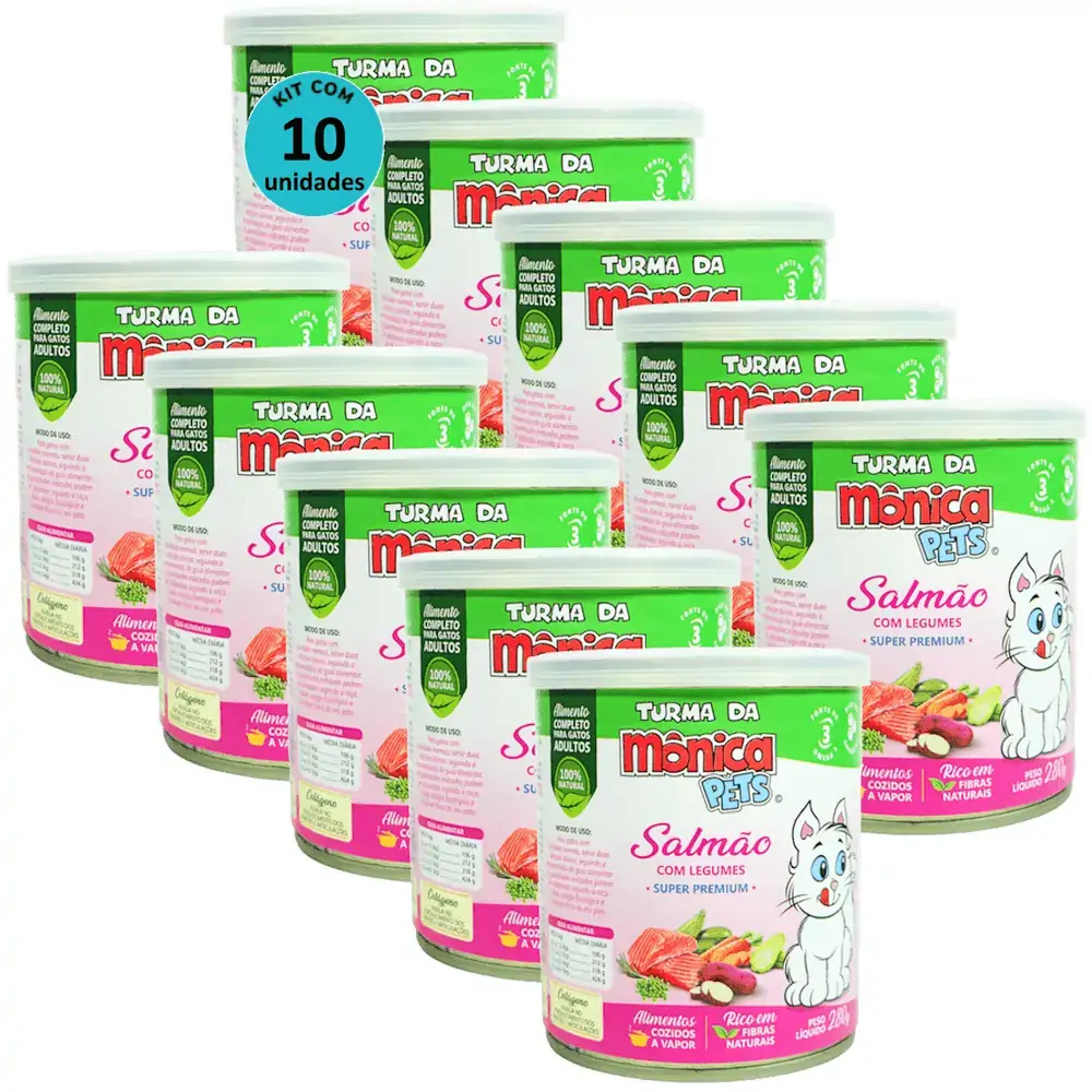 Ração Úmida Turma da Mônica Pets Salmão com Legumes 280g Gatos Adultos Kit 10 un