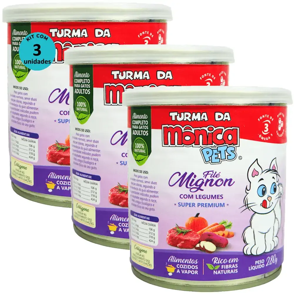 Ração Úmida Turma da Mônica Pets Filé Mignon com Legumes 280g Gatos Adultos Kit 3 un