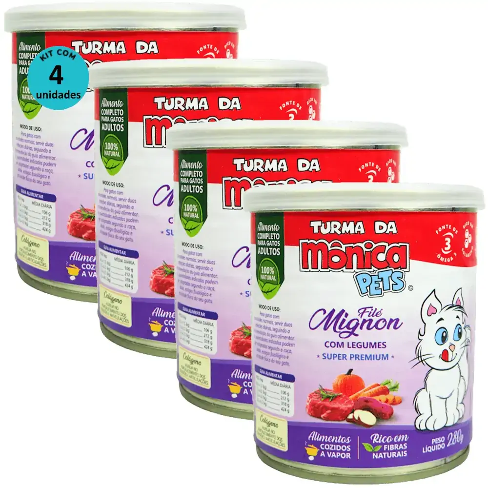 Ração Úmida Turma da Mônica Pets Filé Mignon com Legumes 280g Gatos Adultos Kit 4 un