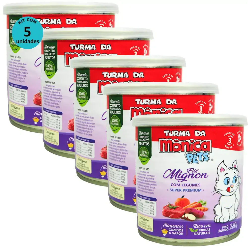 Ração Úmida Turma da Mônica Pets Filé Mignon com Legumes 280g Gatos Adultos Kit 5 un
