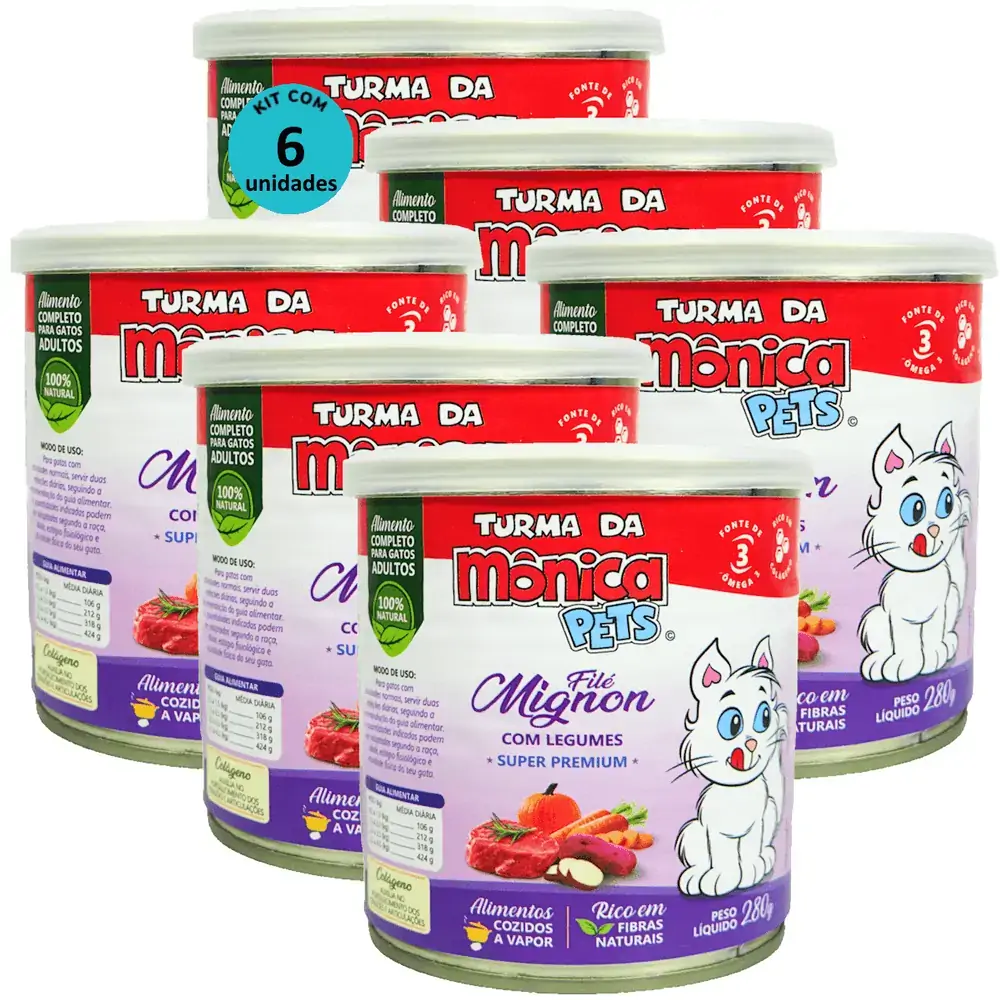 Ração Úmida Turma da Mônica Pets Filé Mignon com Legumes 280g Gatos Adultos Kit 6 un