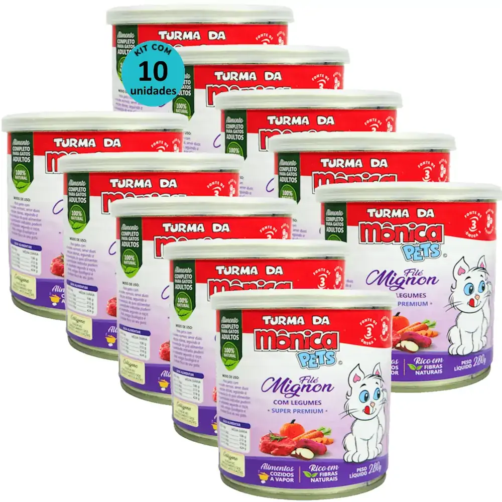 Ração Úmida Turma da Mônica Pets Filé Mignon com Legumes 280g Gatos Adultos Kit 10 un