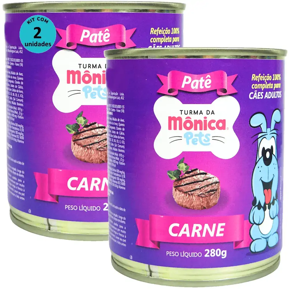 Ração Úmida Turma da Mônica Pets Patê Sabor Carne 280g Cães Adultos Kit 2 un
