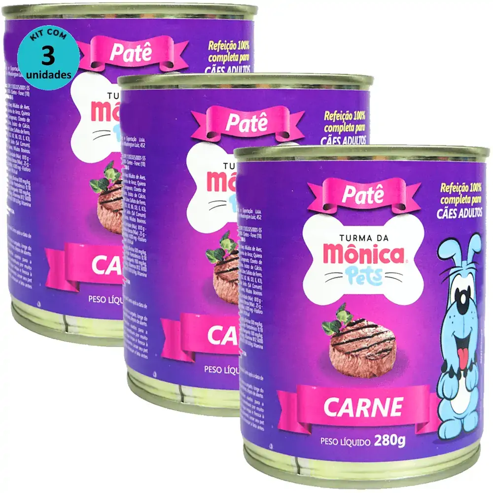 Ração Úmida Turma da Mônica Pets Patê Sabor Carne 280g Cães Adultos Kit 3 un
