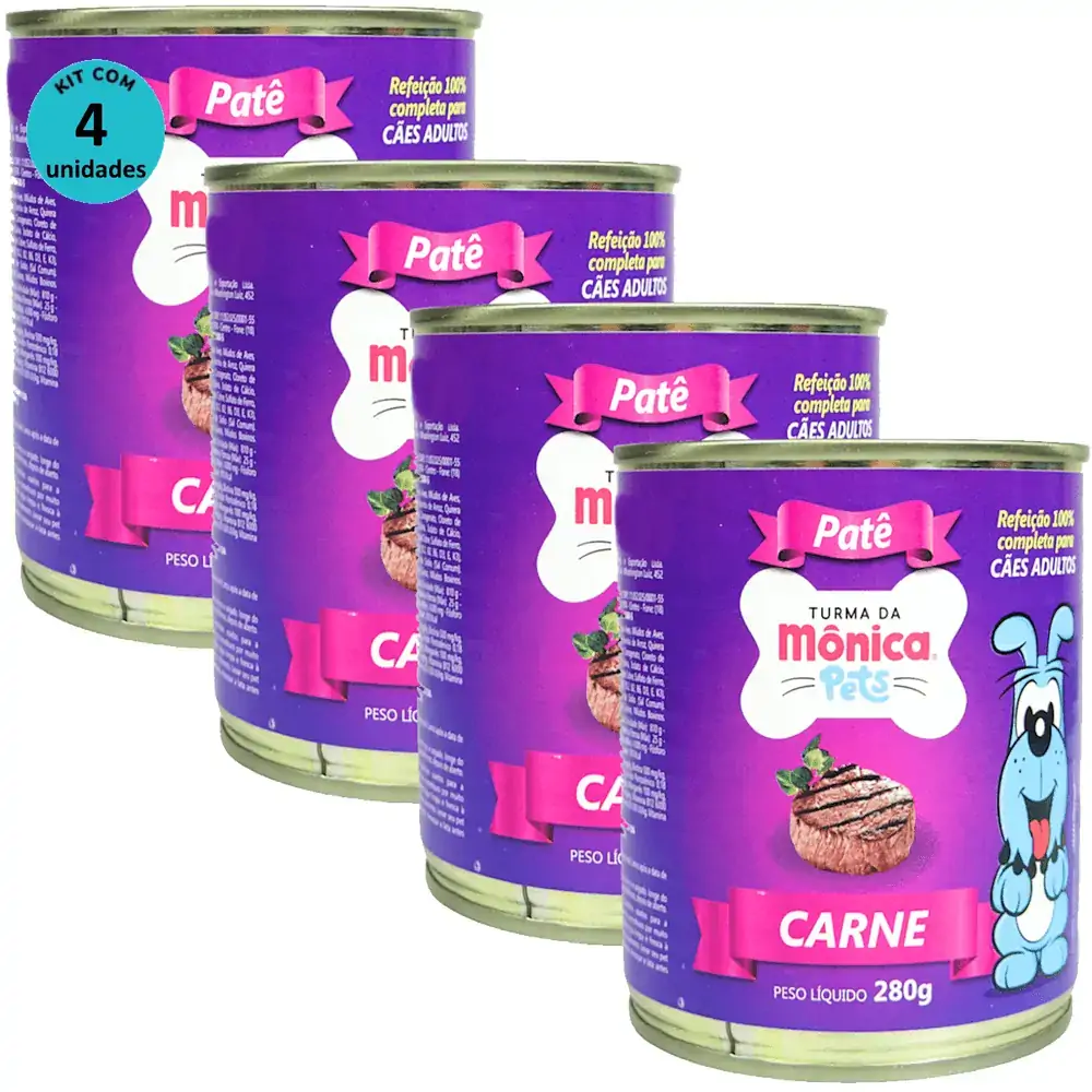 Ração Úmida Turma da Mônica Pets Patê Sabor Carne 280g Cães Adultos Kit 4 un